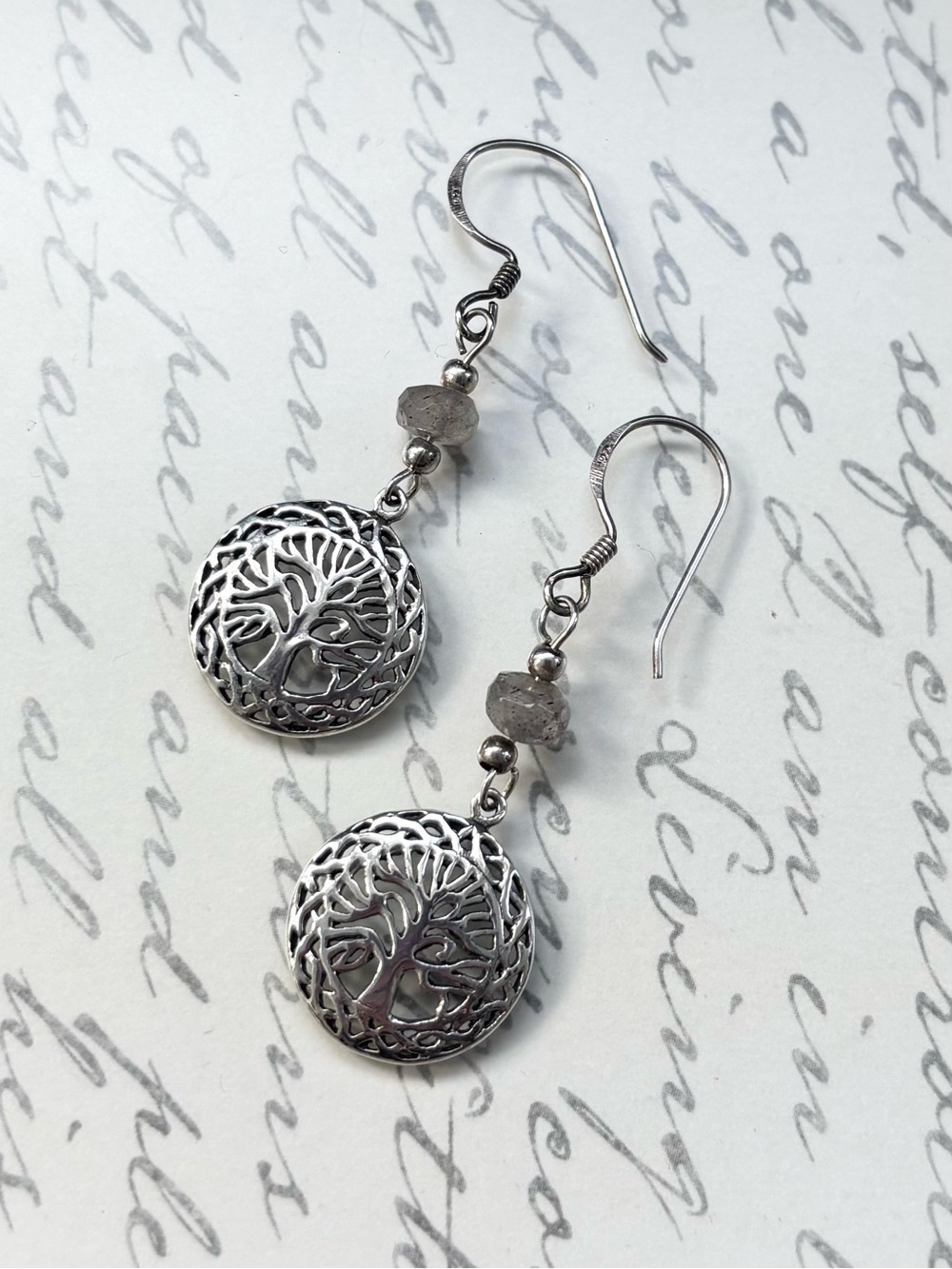 Handmade Sterling Silver Tree of Life Earrings with Faceted Labradorite  Beads